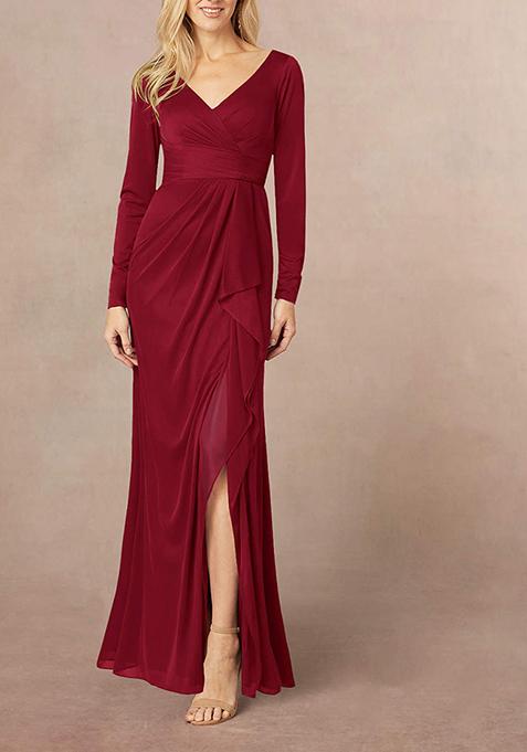 Burgundy Mermaid V-Neck Pleated Georgette Gown