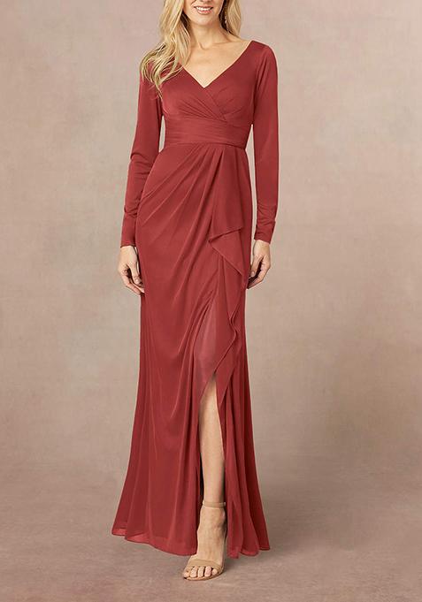 Rust Mermaid V-Neck Pleated Georgette Gown