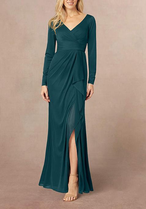 Dark Green Mermaid V-Neck Pleated Georgette Gown