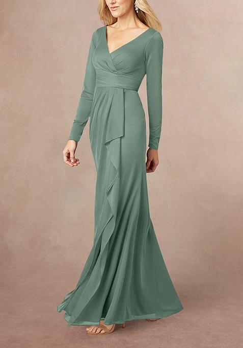 Ocean Green Mermaid V-Neck Pleated Georgette Gown