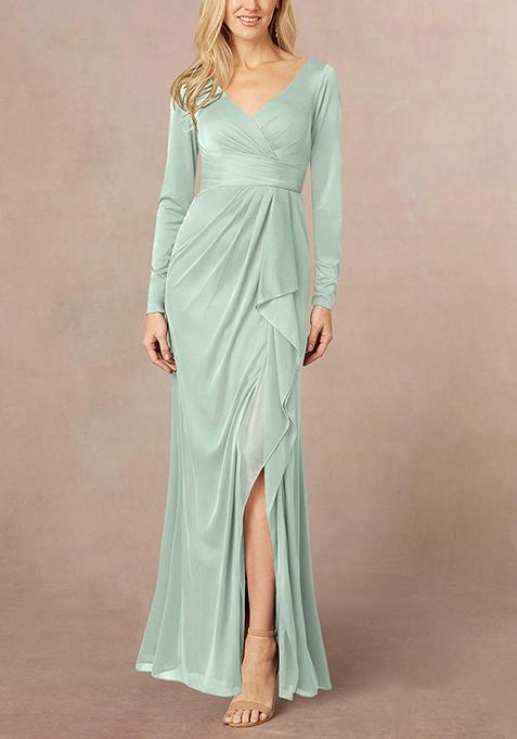 Green Mermaid V-Neck Pleated Georgette Gown