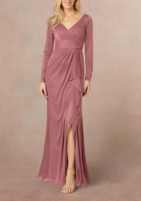 Desert Rose Mermaid V-Neck Pleated Georgette Gown