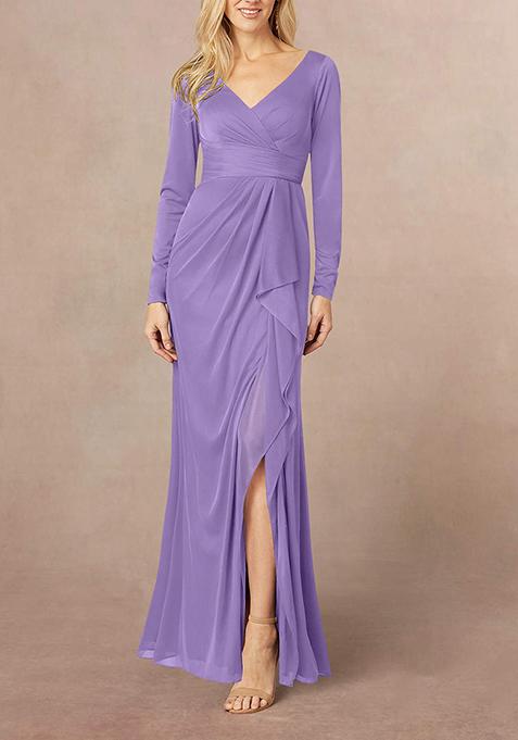 Lavender Mermaid V-Neck Pleated Georgette Gown