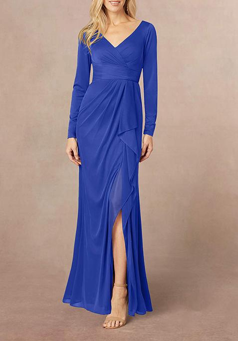 Royal Blue Mermaid V-Neck Pleated Georgette Gown