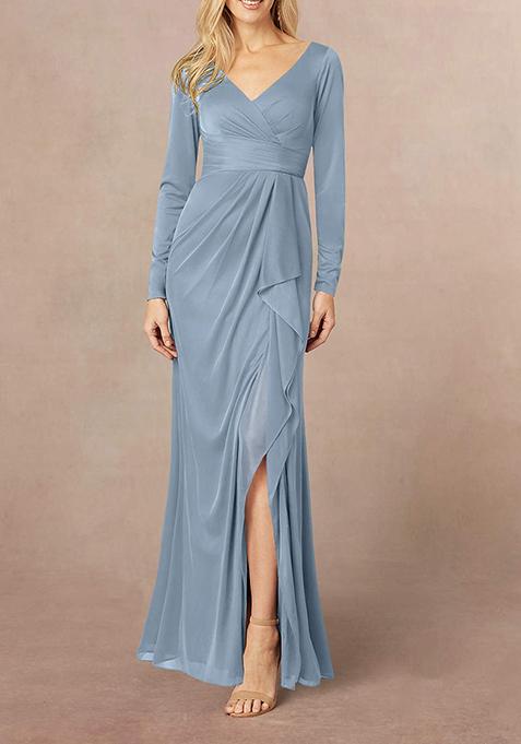 Dust Blue Mermaid V-Neck Pleated Georgette Gown