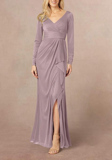 Dusty Purple Mermaid V-Neck Pleated Georgette Gown