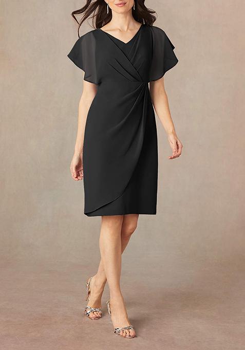 Black Sheath V-Neck Pleated Georgette Dress