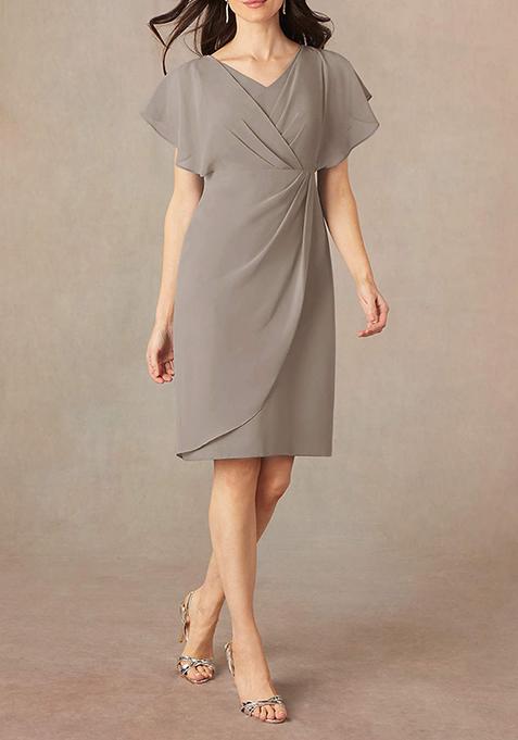 Grey Sheath V-Neck Pleated Georgette Dress