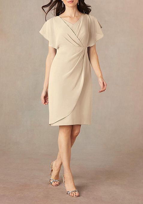 Beige Sheath V-Neck Pleated Georgette Dress