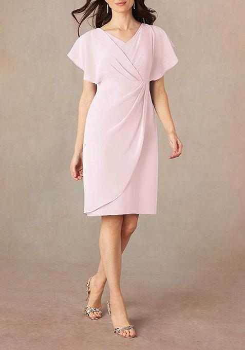 Blush Pink Pink Sheath V-Neck Pleated Georgette Dress