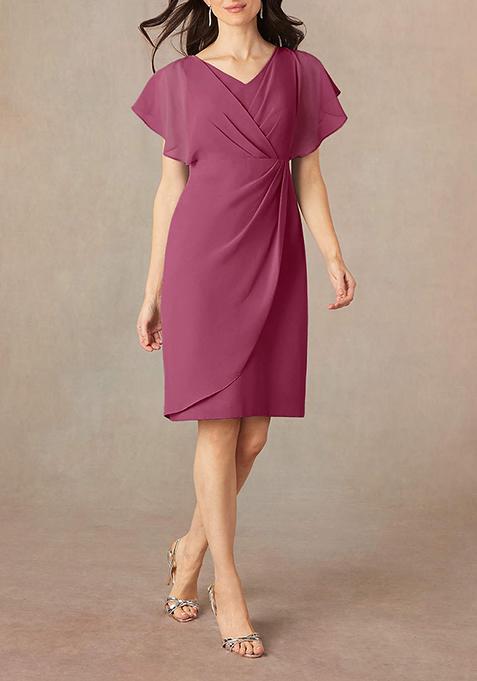 Purple Sheath V-Neck Pleated Georgette Dress