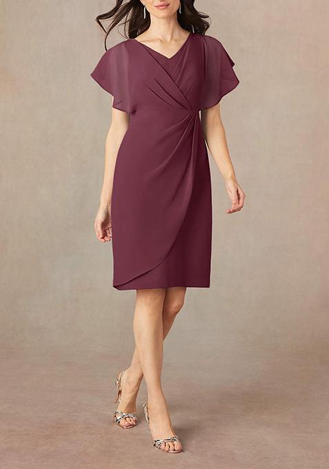 Wine Sheath V-Neck Pleated Georgette Dress