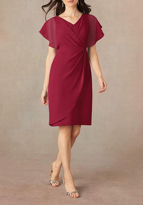 Burgundy Sheath V-Neck Pleated Georgette Dress