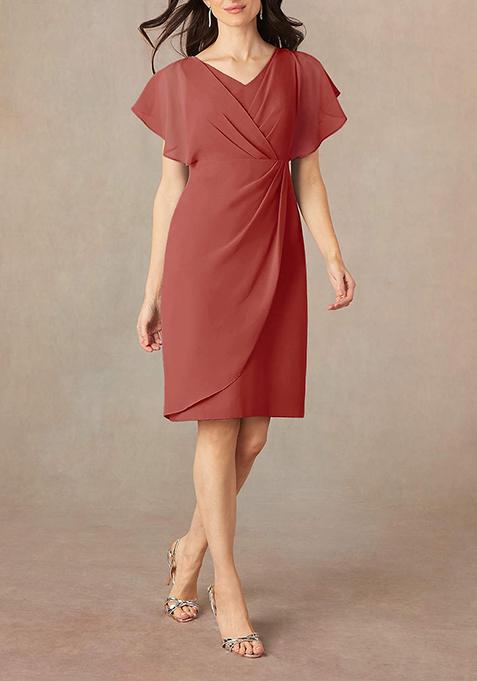 Brown Sheath V-Neck Pleated Georgette Dress