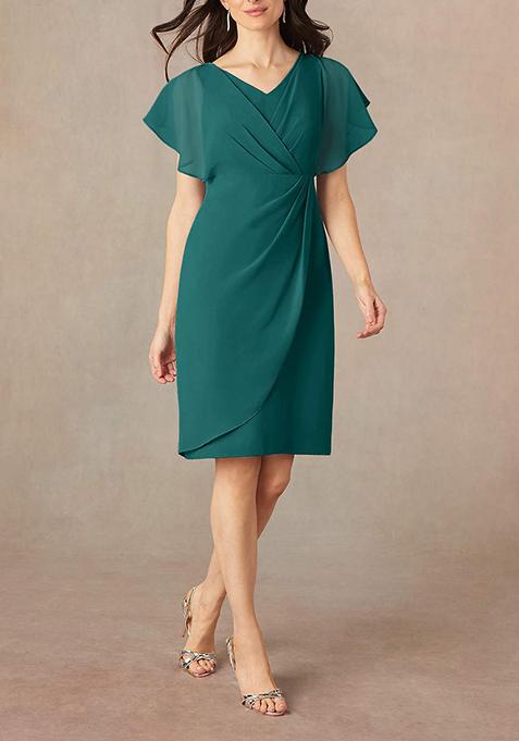 Peacock Blue Green Sheath V-Neck Pleated Georgette Dress