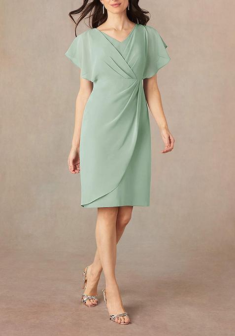 Green Sheath V-Neck Pleated Georgette Dress