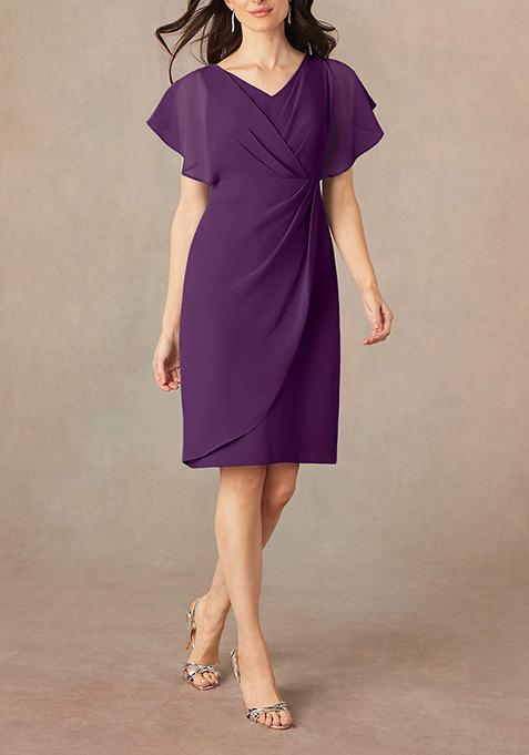 Grape Purple Purple Sheath V-Neck Pleated Georgette Dress