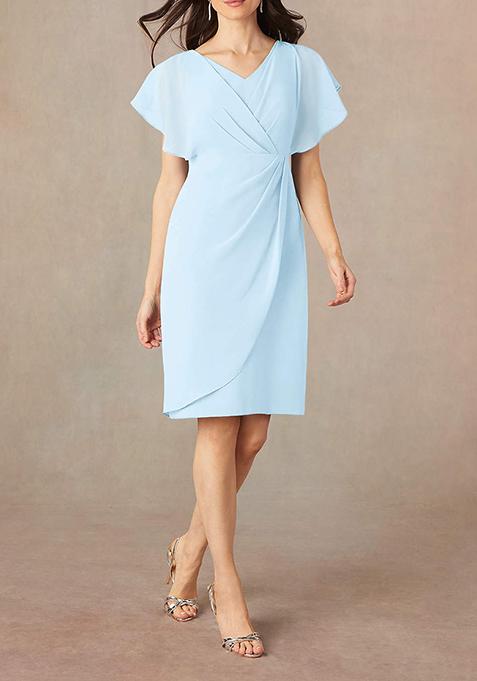 Sky Blue Sheath V-Neck Pleated Georgette Dress