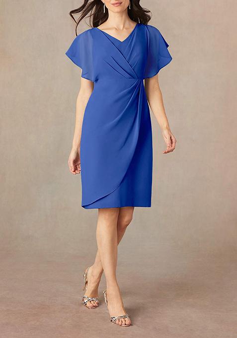 Royal Blue Sheath V-Neck Pleated Georgette Dress