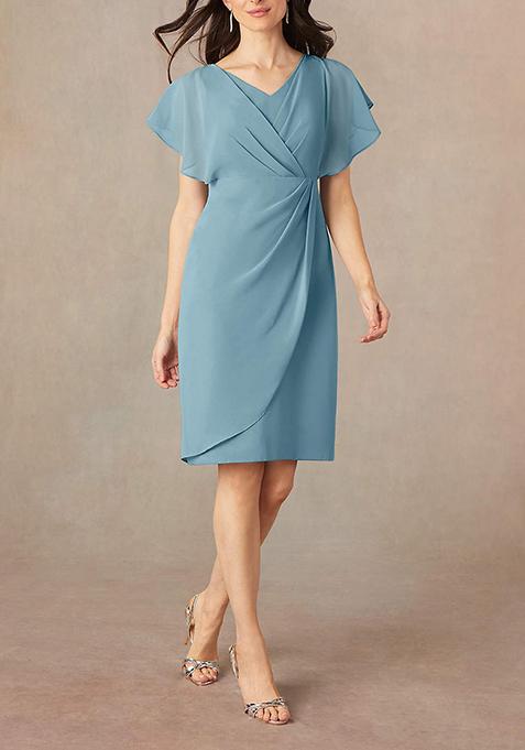 Moody Blue Sheath V-Neck Pleated Georgette Dress