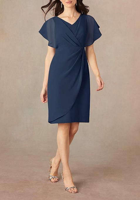 Dark Navy Sheath V-Neck Pleated Georgette Dress