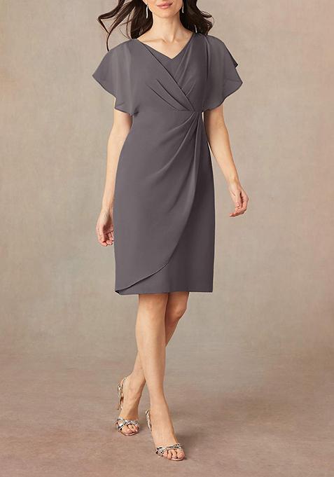 Steel Grey Sheath V-Neck Pleated Georgette Dress