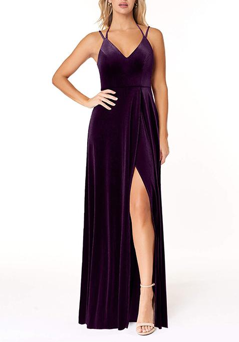 Grape Purple A-Line Halter Bow Velvet Gown