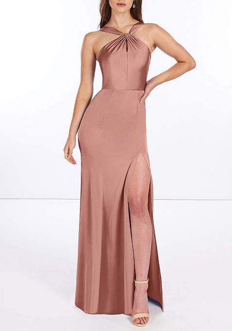 Light Pink Fitted Side Slit Stretch Velvet Gown