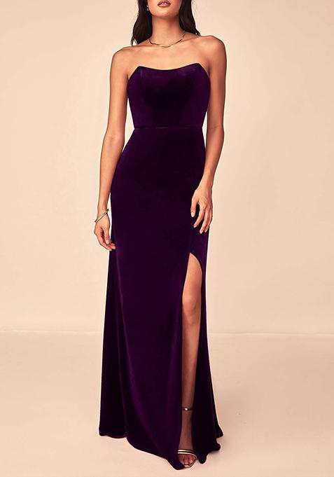 Grape Purple Flowy Strapless Stretch Velvet Gown