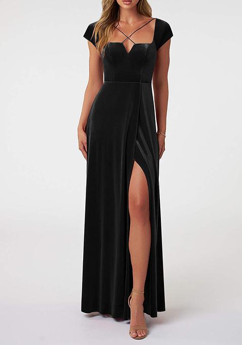 Black Flowy Side Slit Stretch Velvet Gown