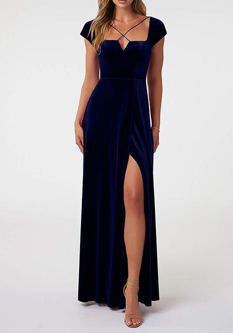 Dark Navy Flowy Side Slit Stretch Velvet Gown