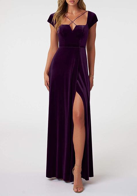 Grape Purple Flowy Side Slit Stretch Velvet Gown