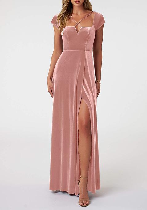 Sandy Pink Flowy Side Slit Stretch Velvet Gown