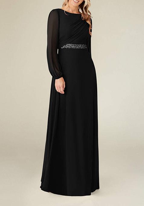 Black A-Line Boat Neck Pleated Georgette Gown