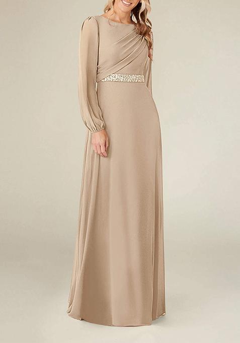 Beige A-Line Boat Neck Pleated Georgette Gown