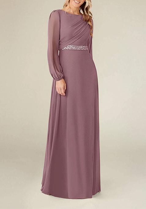 Sandy Pink A-Line Boat Neck Pleated Georgette Gown