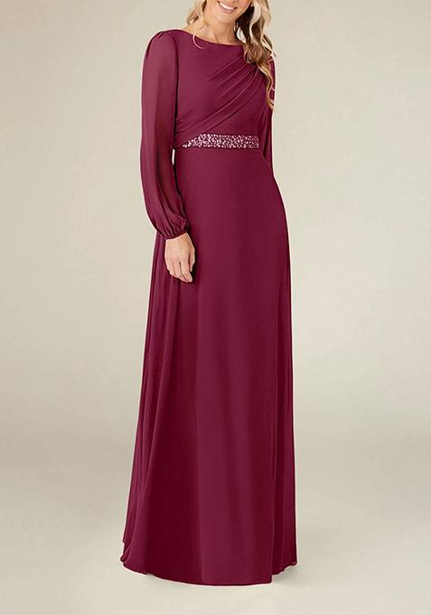 Purple A-Line Boat Neck Pleated Georgette Gown