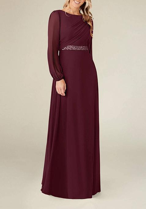 Wine A-Line Boat Neck Pleated Georgette Gown