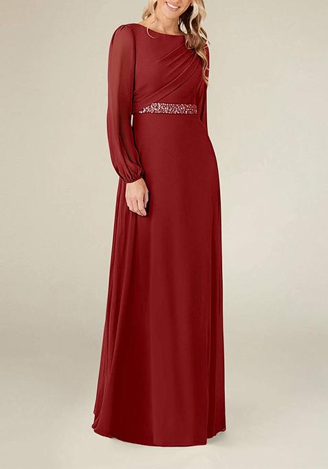 Rust A-Line Boat Neck Pleated Georgette Gown