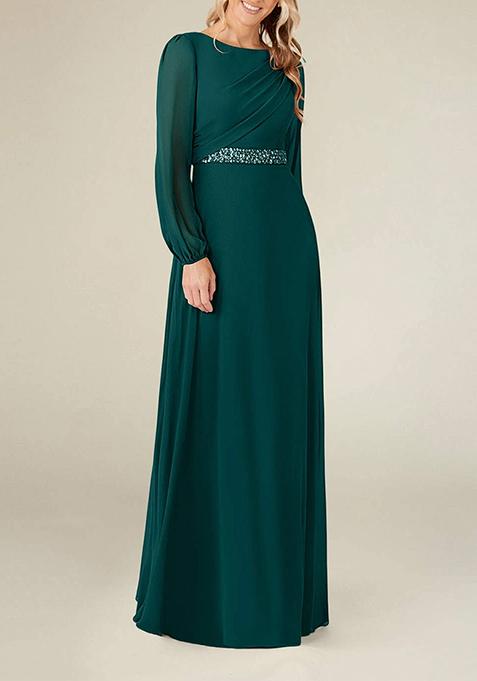 Peacock Blue A-Line Boat Neck Pleated Georgette Gown