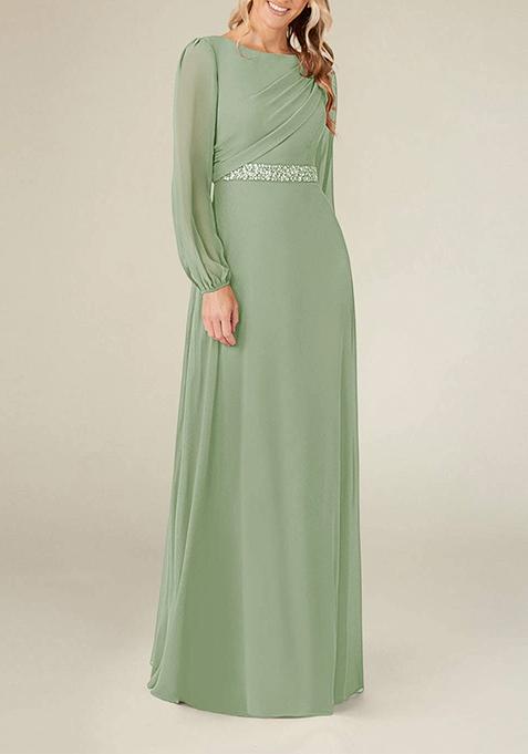 Sage Green A-Line Boat Neck Pleated Georgette Gown