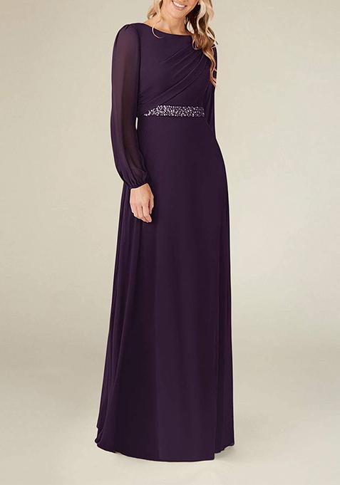 Purple A-Line Boat Neck Pleated Georgette Gown