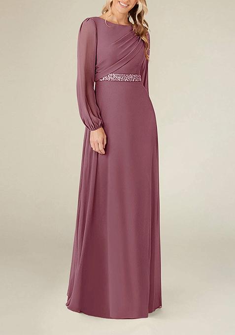 Vintage Mauve A-Line Boat Neck Pleated Georgette Gown