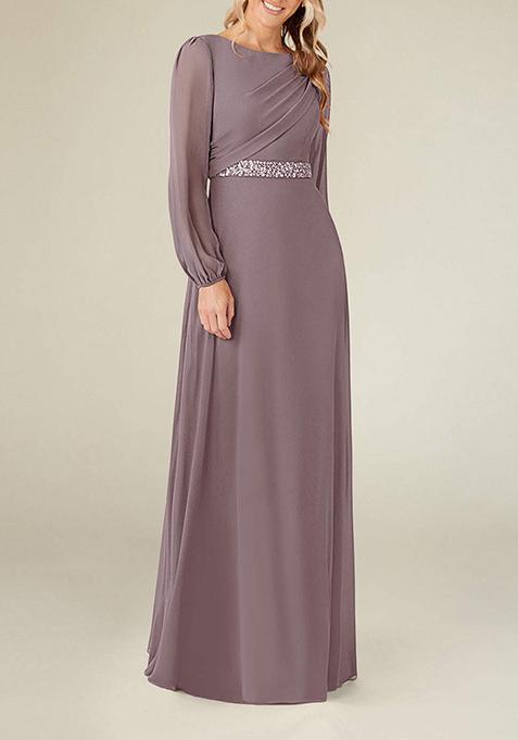 Dusty Purple A-Line Boat Neck Pleated Georgette Gown