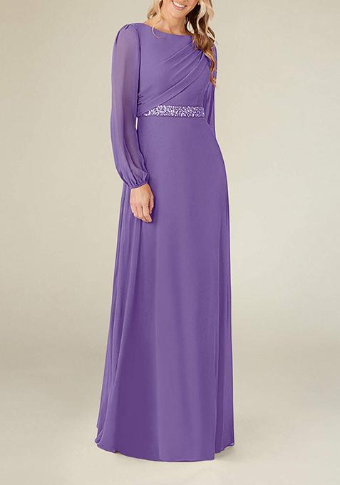 Lavender A-Line Boat Neck Pleated Georgette Gown