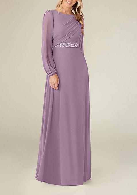 Lavender A-Line Boat Neck Pleated Georgette Gown