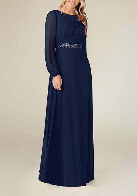 Dark Navy A-Line Boat Neck Pleated Georgette Gown