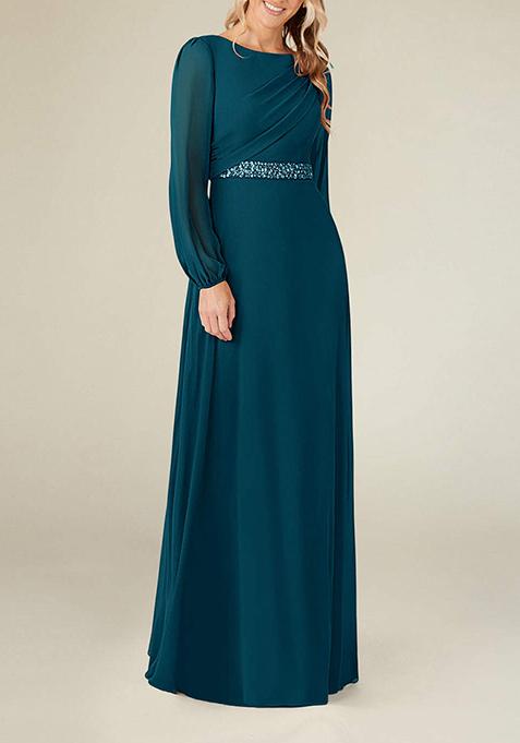 Ink Blue A-Line Boat Neck Pleated Georgette Gown