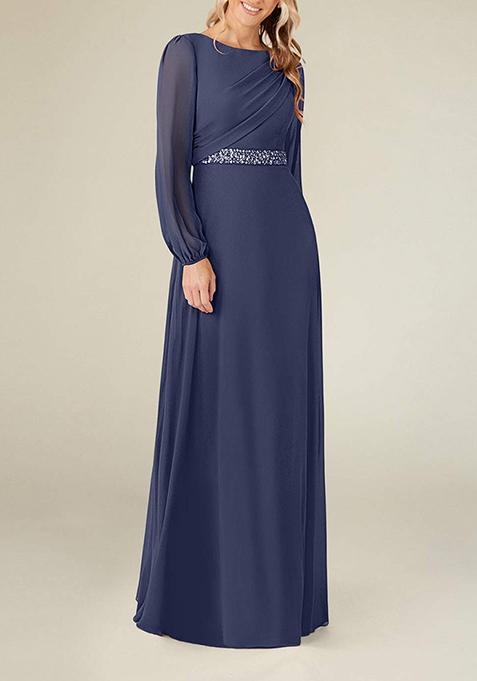 Stormy Grey A-Line Boat Neck Pleated Georgette Gown