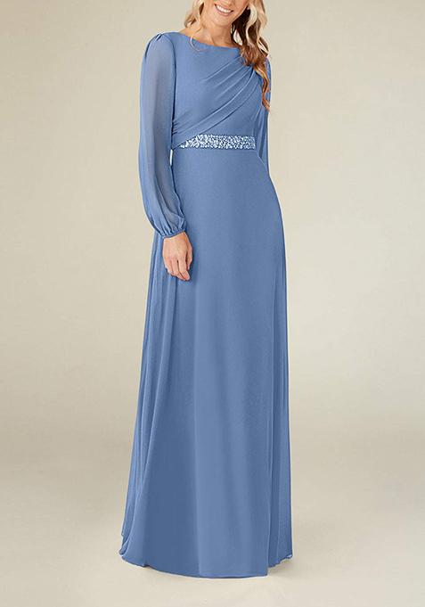 Steel Blue A-Line Boat Neck Pleated Georgette Gown